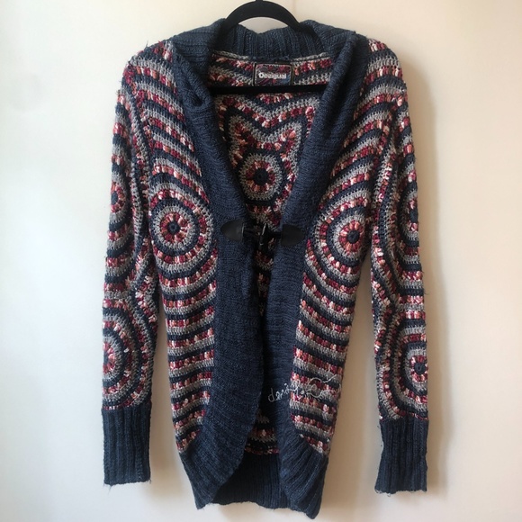 DESIGUAL funky print chunky knit toggle closure cardigan | size Large - Picture 1 of 8